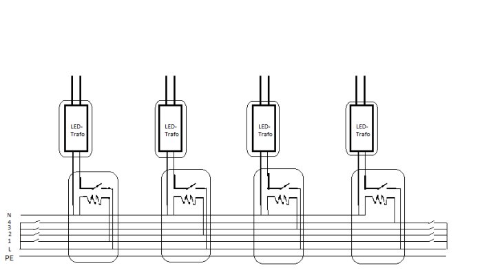Elektriskt kopplingsschema för flera LED-transformatorer och deras anslutningar.