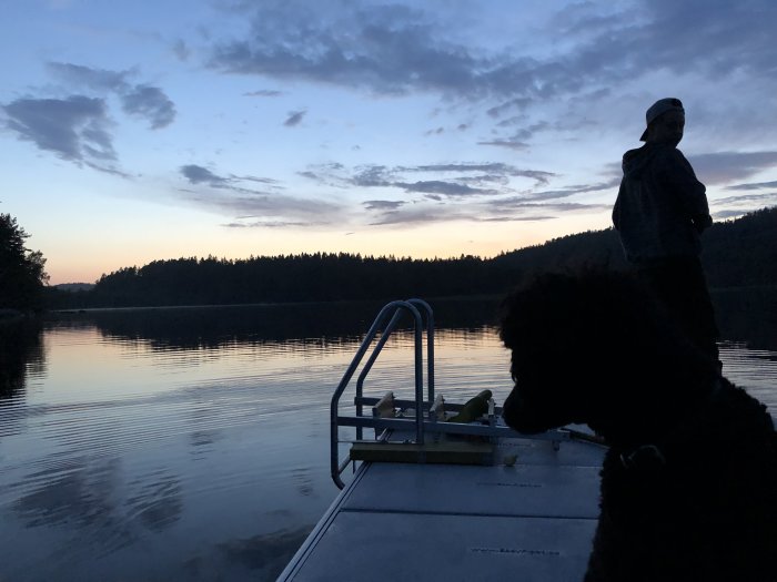 Silhuett av person och hund på båt under kvällshimmel vid sjö vid skymning.