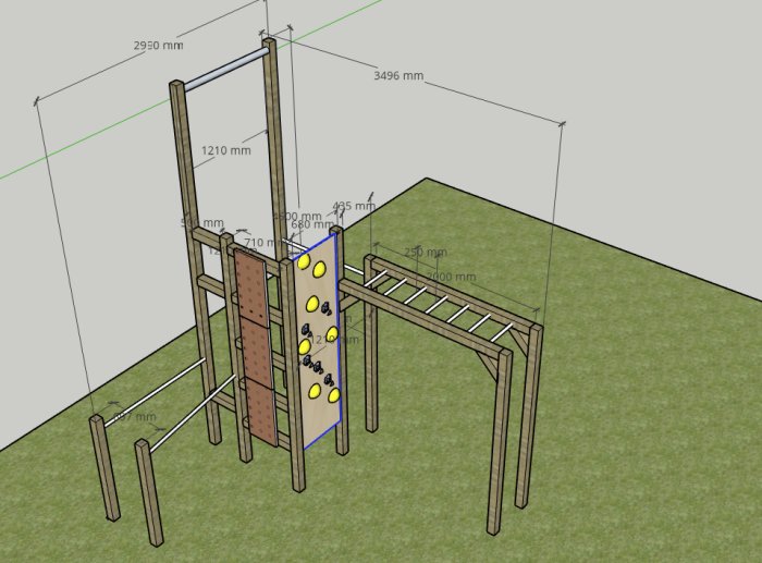 3D-modell av en trädgårdslekställning med måttangivelser, inklusive rutschkana och klättervägg.