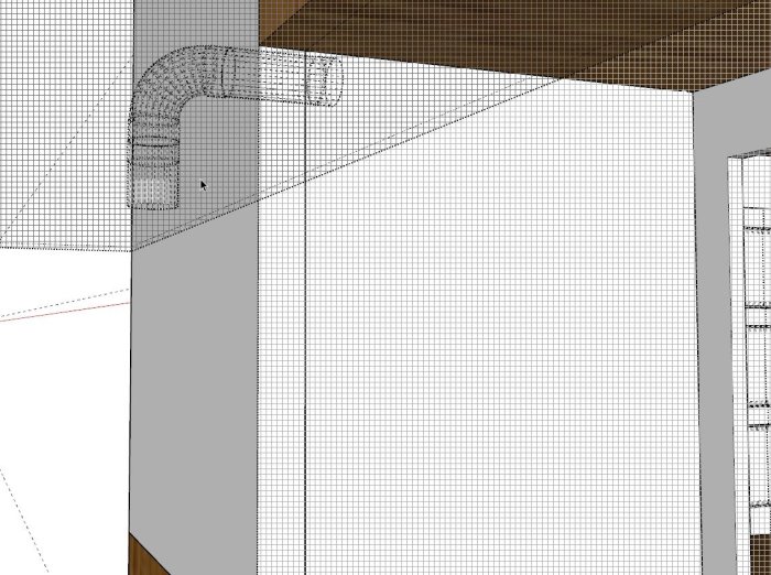 3D-modell av en planerad ventilation med rör som går från badrum till carportens tak.