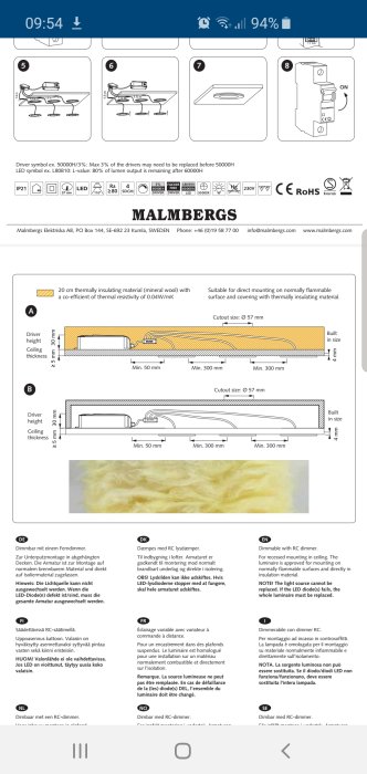 Illustration av installationsinstruktioner för spotlights med termisk isolering och installationsavstånd.