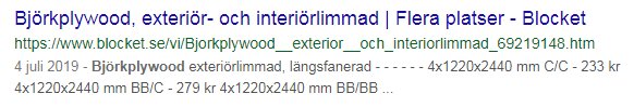 Skärmbild av en Blocket-annons för exteriör- och interiörlimmad björkplywood.