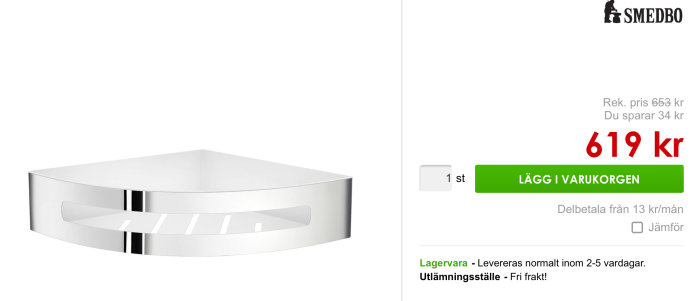 Modern vit hörn-duschhylla i metall med priset och knappen 'Lägg i varukorgen'.