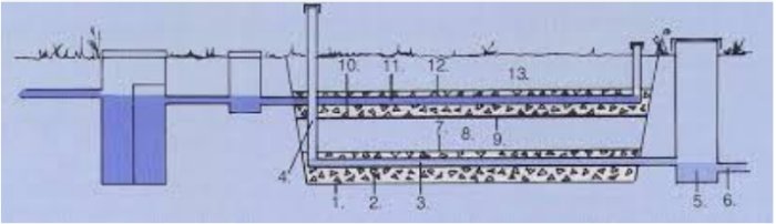 Schematisk bild av avloppssystem med slamavskiljare, sluten markbädd och pumpbrunn.