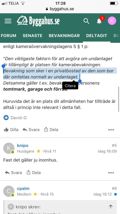 Skärmdump från forumtråd med diskussion om tolkning av kameraövervakningslag på byggahus.se.