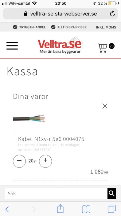 Skärmdump av onlinekassa med varukorg som visar en el-kabel, antal 20 stycken och totalpris 1 080 kr.