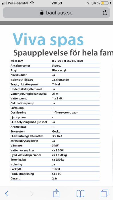 Skärmdump från bauhaus.se som visar specifikationer för Viva spa, inklusive mått, kapacitet och funktioner.