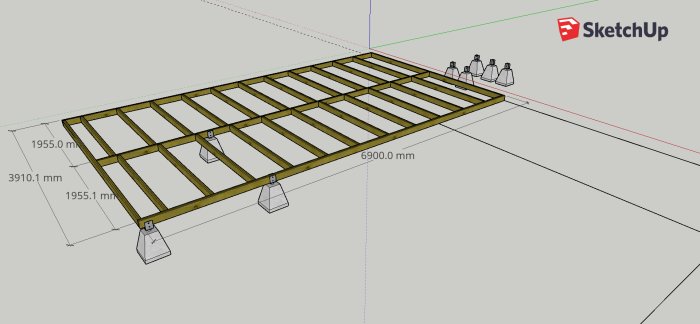 3D-modell i SketchUp av ett golvbjälklag med måttangivelser och plintar.