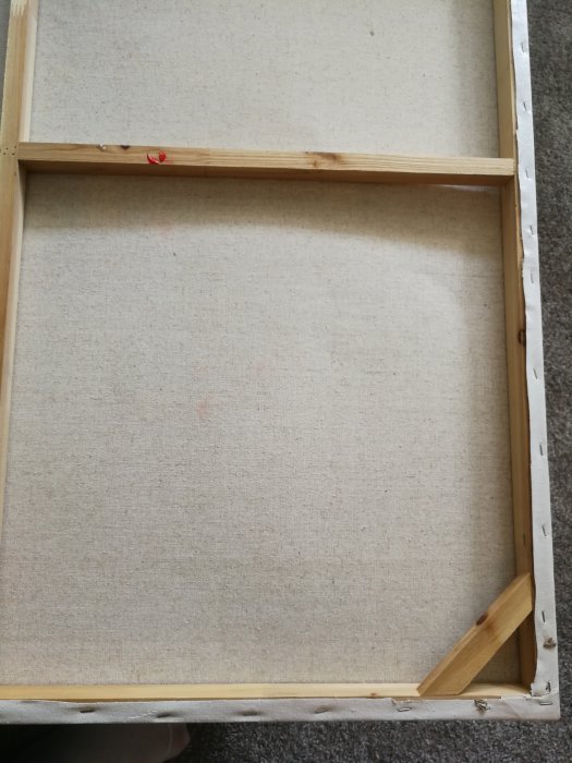 Baksidan av en tavla utan hål eller beslag, visar träram och duk.