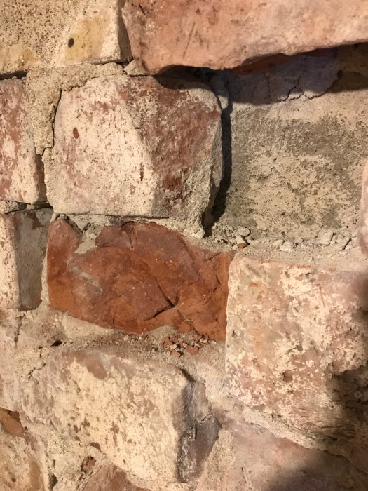 Närbild på skadade tegelstenar i en vägg med sprickor och vit saltutfällning.