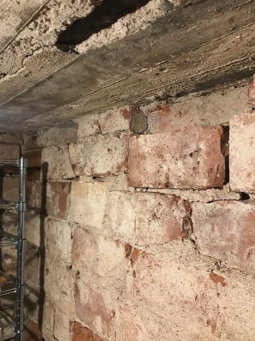 Skadade tegelväggar och tak i ett gammalt källarutrymme med synliga saltutfällningar.