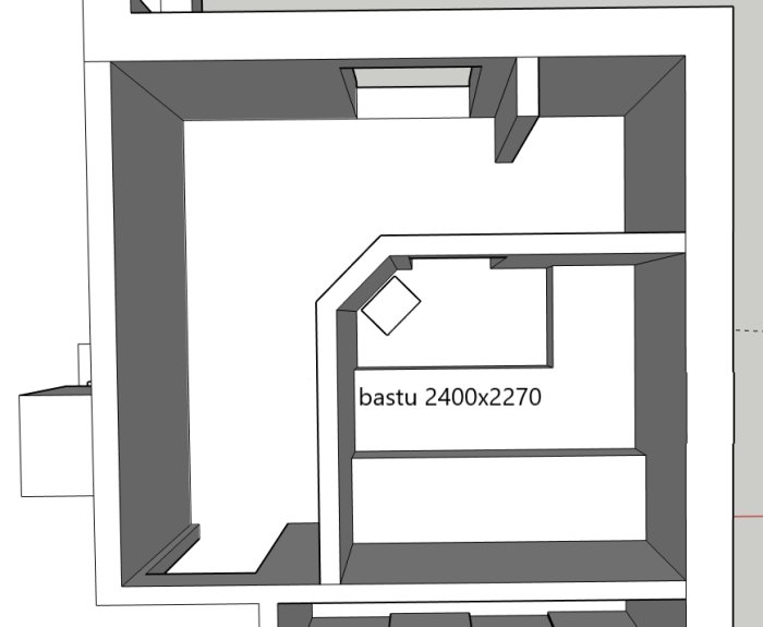 Skiss av en planlösning med bastu markerad 2400x2270 och fasta dörrar.