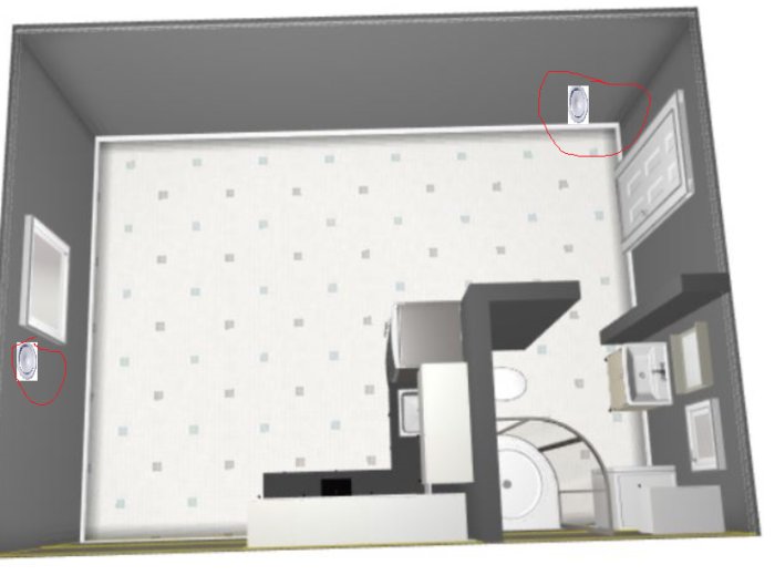 3D-ritning av ett garage som håller på att omvandlas till en bostad med markerade ventilationshål.
