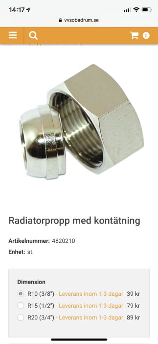 Radiatortermostatventil R15 i metall som visas nära kamera med priser och storleksalternativ i bakgrunden.