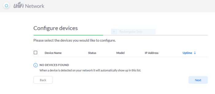 UniFi Network konfigurationssida med "No devices found" meddelande i enhetens konfigurationslista.