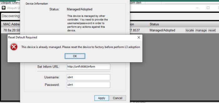 Skärmdump av UniFi Discovery Utility som visar "Reset Default Required" meddelande.