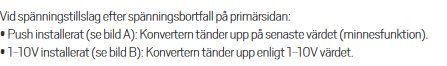 Instruktionsdiagram som visar inställningar efter spänningsbortfall med Push- och 1-10V-installationer.