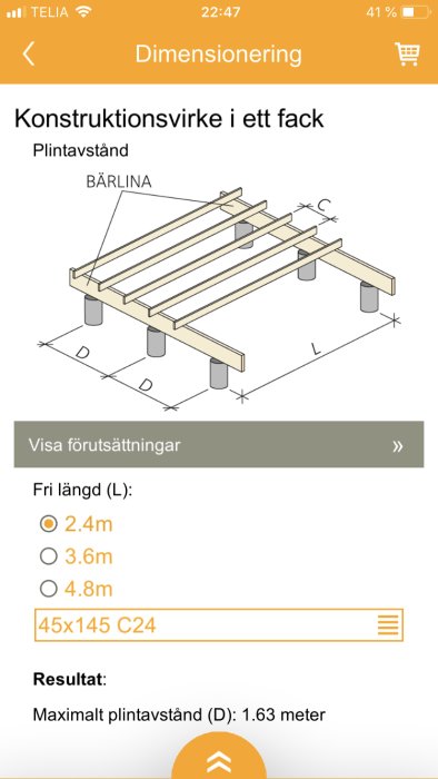 Skärmdump av dimensioneringsguide i Lathunden-appen med illustration av träbjälklag och inställningar för plintavstånd.