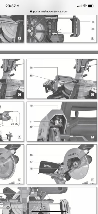 Instruktionsbilder för justering av skärlaser på en kap- och gersåg, markerade skruvar för justering.