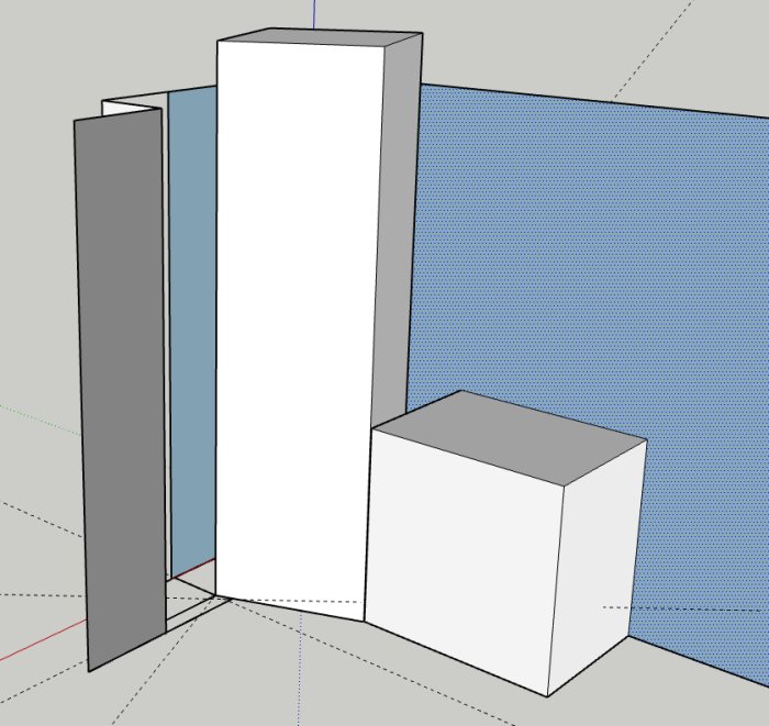 Sketchup-skiss av kök med vinklat högskåp nära en utstickande grå kanal och bänkskåp.