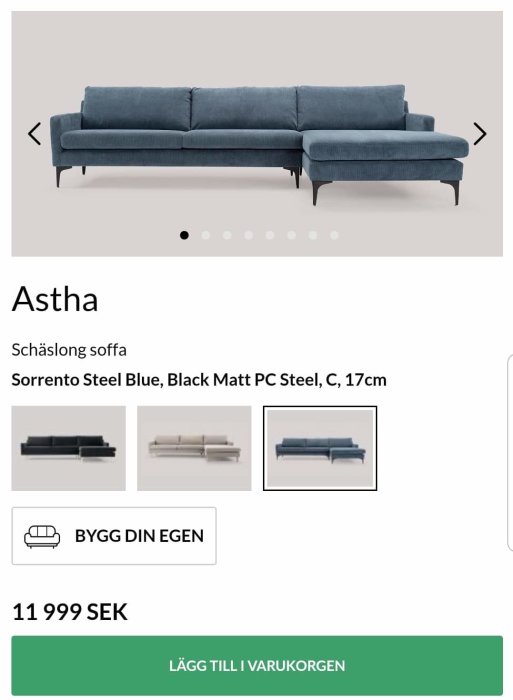 Astha schäslong soffa i Sorrento Steel Blue med svarta matta stålben, pris 11 999 SEK, från Sofacompany.com.