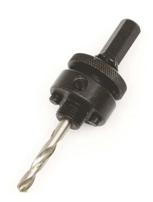 Svart borrchuck med monterat borrspetsverktyg.