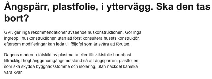 Skärmdump av ett foruminlägg om användningen av ångspärr och plastfolie i ytterväggar och dess påverkan på huskonstruktionen.