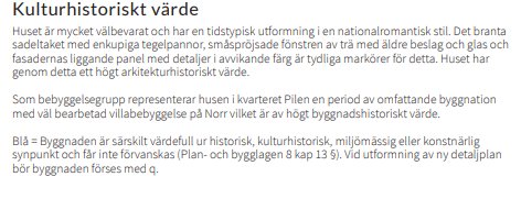 Skärmdump av textdokument som beskriver byggnadens kulturhistoriska värde enligt lag.