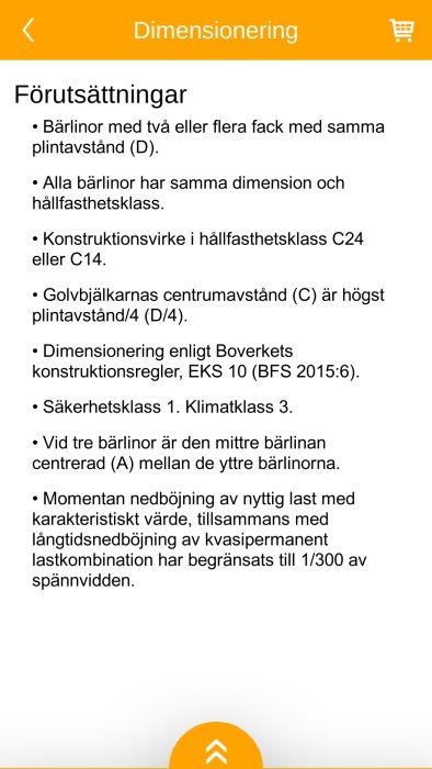 Skärmdump av dimensioneringsinformation för bygg med text om bärkraft och plintavstånd.