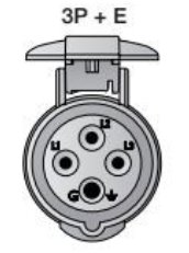 Svart-vit bild av ett CEE 416 uttag med tre fasstift och ett jordstift, märkt "3P + E".