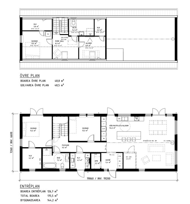 Arkitektritning av Villa Enhagen med två våningar, visar öppen planlösning och rumsuppdelning, inklusive kök, sovrum och vardagsrum.