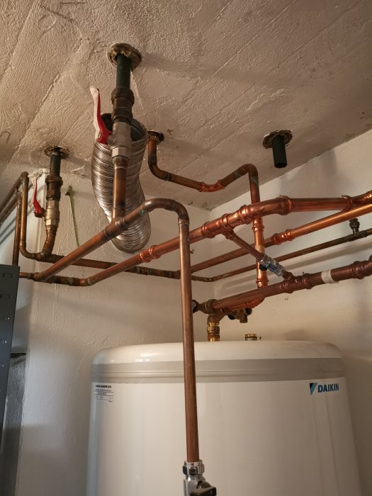 Kopparledningar och anslutningar för golvvärme, installerade ovanför en värmepump i källare.
