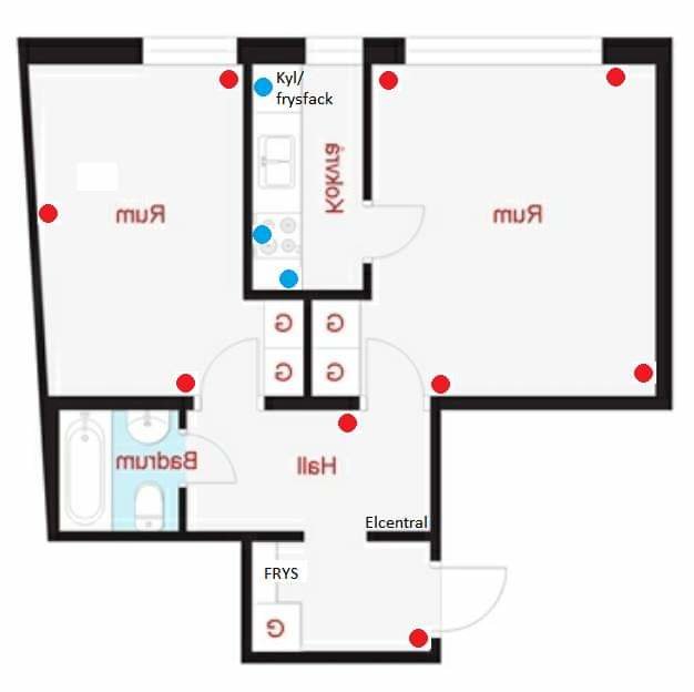 Ritning av lägenhet som visar placering av kylskåp, frys och eluttag, med jordade (blå) och ojordade (röda) markeringar.