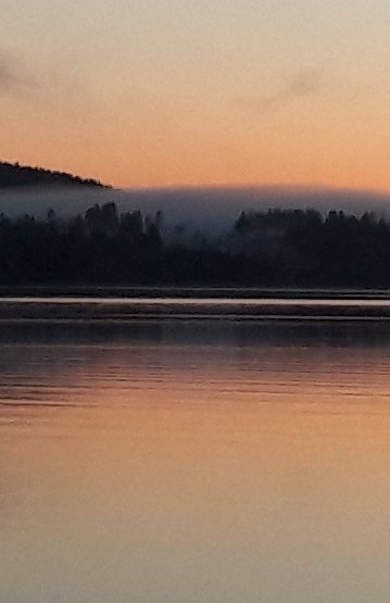 Dimma över fjärd i skymningen med första stjärnan synlig.