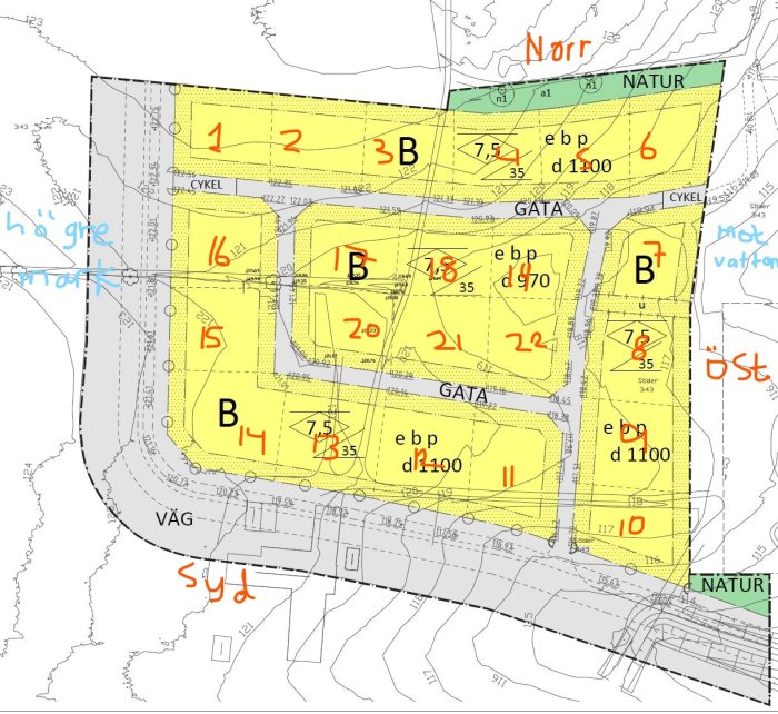 Markeringar på en detaljplan för att välja byggtomter med nummer och kompassriktningar.