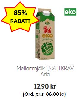 Reklambild för Arla Ekologisk Mellanmjölk 1,5% med 85% rabatt, erbjudandet visar priset 12,90 kr, nedsatt från 86,00 kr.