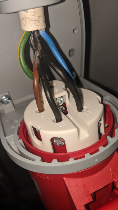 Elektrisk anslutning med gul/grön jord, blå, brun, och svart/vit kablar kopplade till en kontakt.