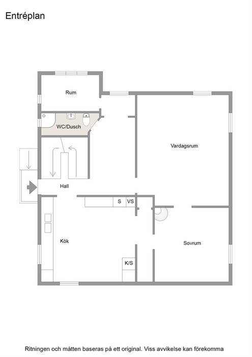 Ritning av en planlösning för entréplan med rum, kök, vardagsrum, sovrum, WC/dusch och hall markerade.