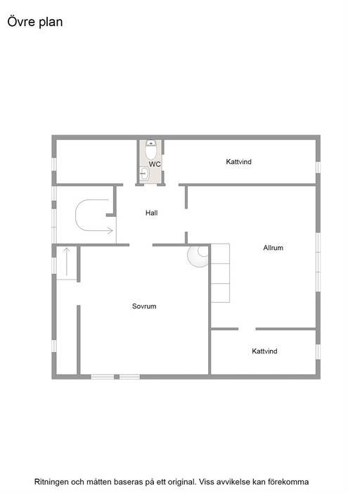 Ritning av övre plan i en bostad med betecknade rum som sovrum, allrum, WC och hall.