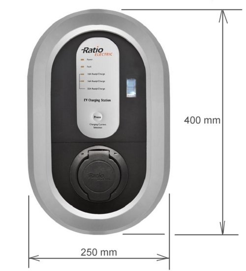 Väggladdbox för elbil med inställningsknappar och måttangivelser, 250 mm bred och 400 mm hög.