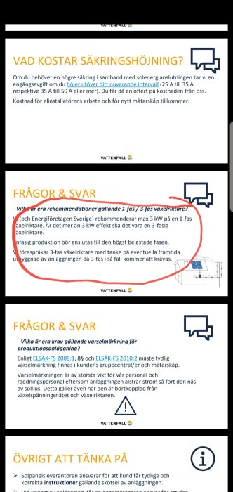 Skärmdump från Vattenfalls webbplats som visar FAQ-sektionen med rubriker och text.