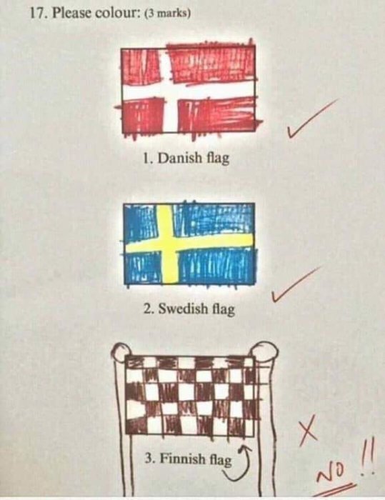 Barnritningar av danska och svenska flaggor med rätt färger, samt en felaktig schackbrädemönstrad "finsk flagga".