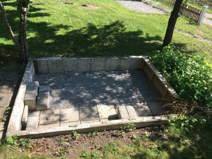 Fyrkantig grund av betongblock med grus i mitten omgiven av gräs och grönska, planerad för ombyggnad till hönshus.
