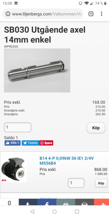 Bild på en 14mm enkel utgående axel från webbsida, med priser och köpknapp.