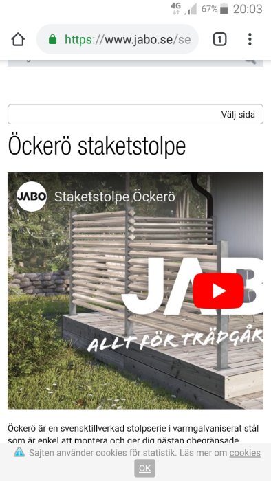 Screenshot av en webbsida som visar Jabos Öckrö staketstolpe med vridna reglar och ett staket i bakgrunden.