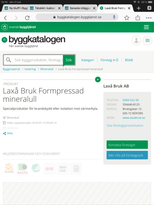 Skärmdump av webbsida för byggkatalogen visar information om Laxå Bruk Formpressad mineralull.
