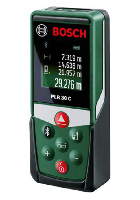 Bosch avståndsmätare med digital display visar 29.276 meter, model PLR 30 C.