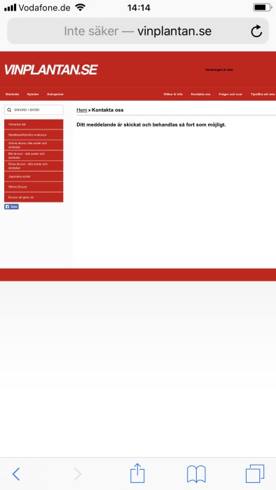 Skärmdump visar bekräftelsemeddelande på webbsida "Ditt meddelande är skickat" från vinplantan.se