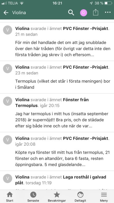 Skärmdump av diskussionsforum där användaren Violina diskuterar PVC-fönster och deras erfarenheter.