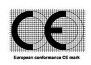 Bild på ett CE-märke med texten "European conformance CE mark" under, förvrängd utskriftskvalitet.